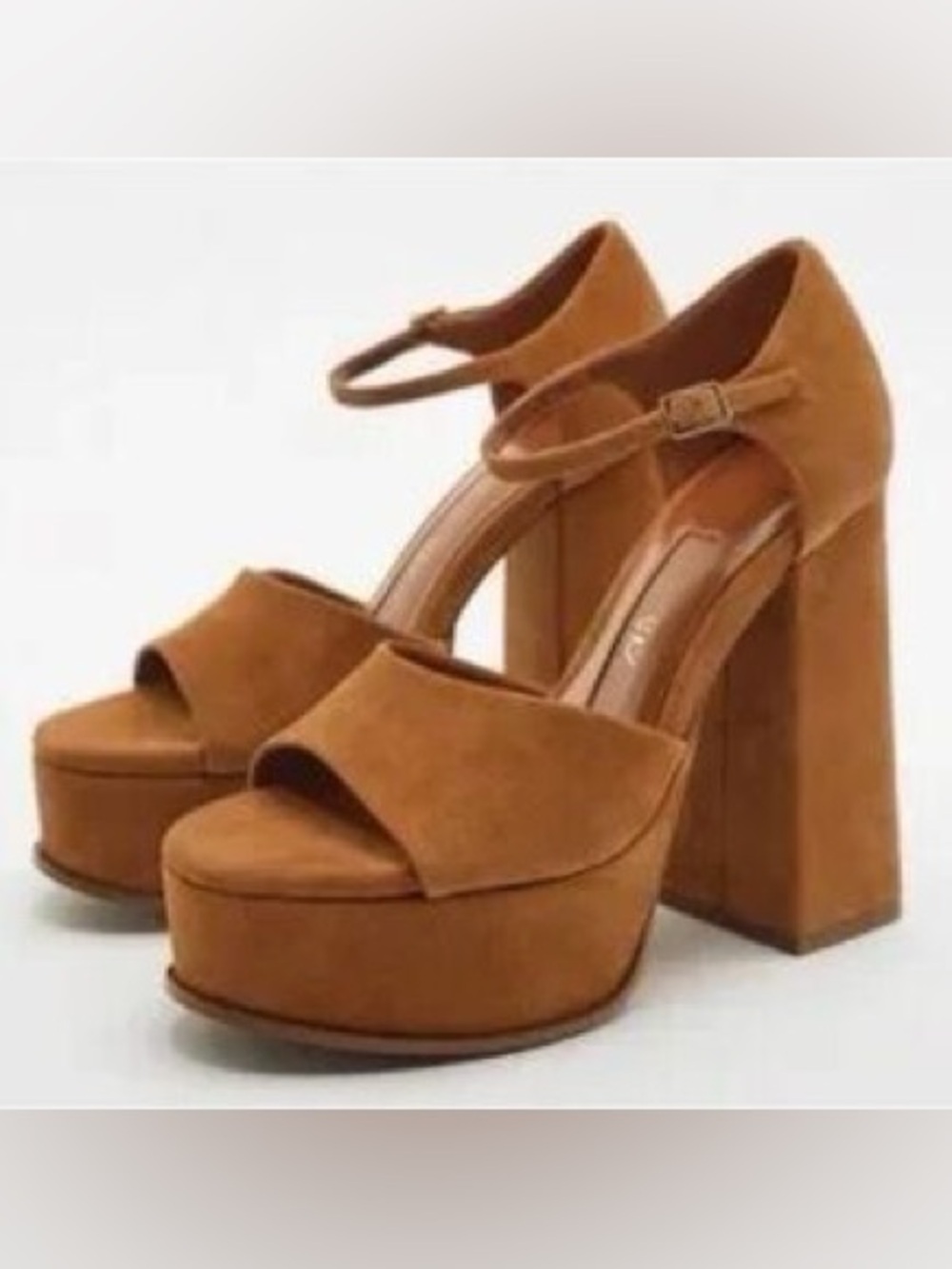 Zara Brown Suede Platform Block Heel Sandals with Ankle Strap